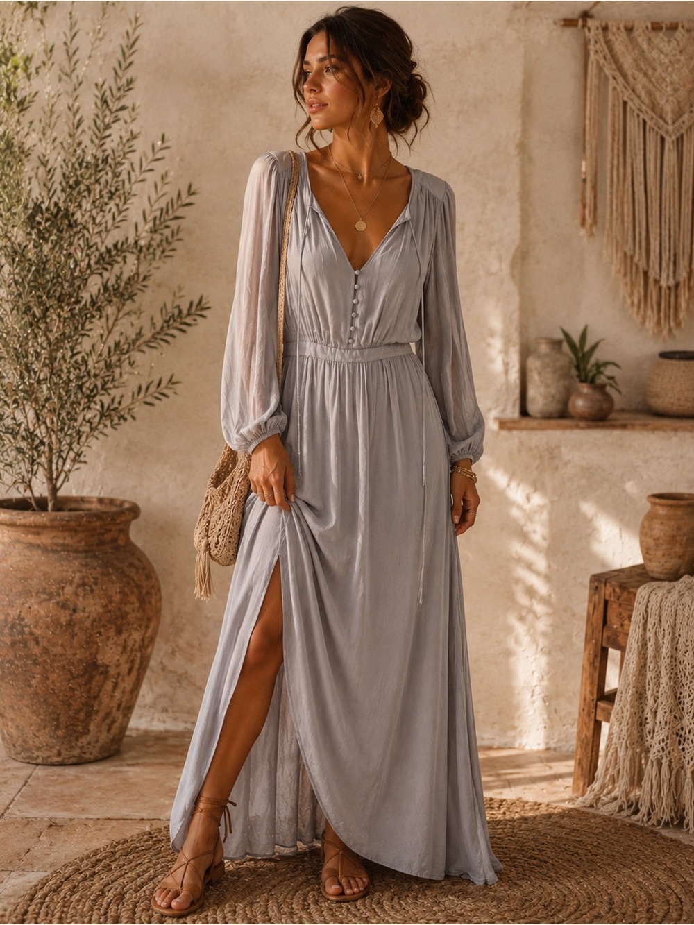 Free People | Gray Lavender V-Neck Maxi Dress with Bishop Sleeves - Size 4